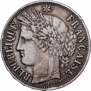 5 Francs Argent Cérès Bordeaux Gouvernement de Défense nationale, sans légende, étoile tournée à 4 H 1870 #1448