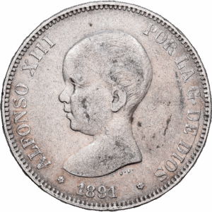 5 Pesetas Argent Alphonse XIII Premier portrait dit « Pelón » Madrid 1891 #1467