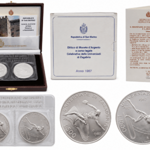 Diptyque 500 et 1 000 lires 1987 – Universiades de Zagreb – Coffret officiel FDC