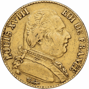 20 francs 1814 Paris (A) Louis XVIII Or variété grand 4 #1636
