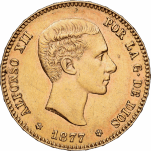 25 pesetas 1877 Madrid Alphonse XII Or #1640