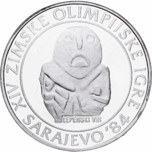250 dinars 1983 majdanpek / belgrade jeux olympiques de sarajevo lepenski vir argent #1735