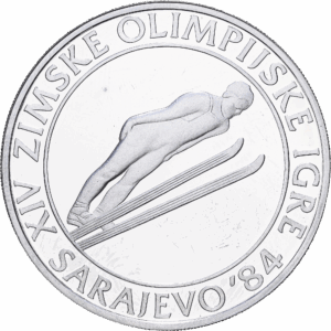 500 dinars 1983 majdanpek / belgrade jeux olympiques de sarajevo saut à ski argent #1739